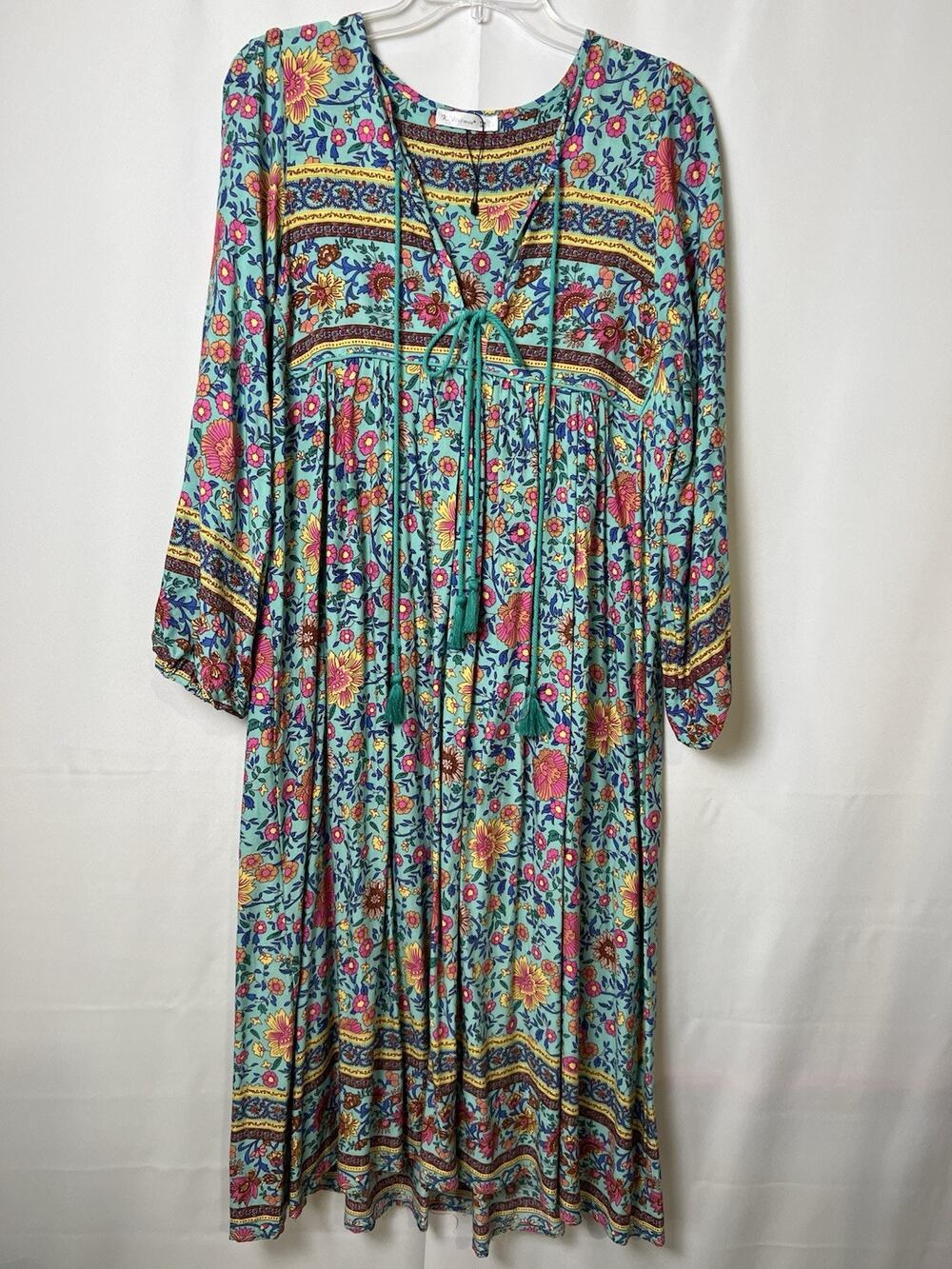 R.Vivimos Women Long Sleeve Floral Print V Neck Tassel Bohemian Midi Dress S 4/6
